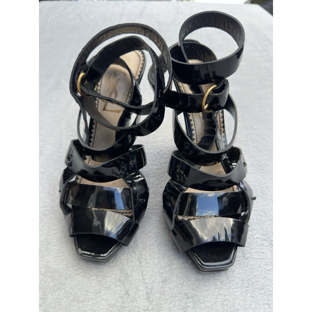 Saint Laurent YSL Wrap Wedge Sandal Patent Black Calf Leather Y2K Women Sz 5-5.5 - Picture 4 of 7